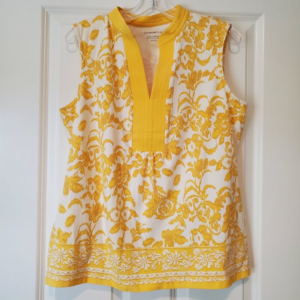 NWOT Macy's Charter Club Yellow/White Ikat Design Sleeveless Top - Misses Large